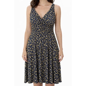 Boden Fit & Flare Dress Size 8 Sleeveless V Neck Navy Yellow Knee Length Lined